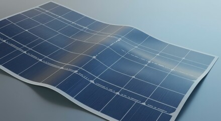 Flexible solar panel, slightly curved, showcasing grid pattern and subtle text detailing cell specifications
