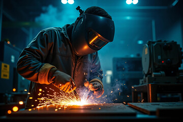 Close-up of industrial welder at work creating bright electric sparks while fusing metal in a modern fabrication workshop with protective gear, cinematic lighting, and intense manual precision