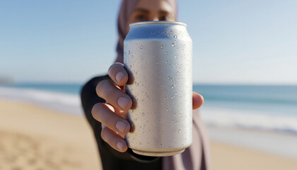 Muslim Woman Holding Cold Beverage Can on Beach – Refreshing Summer Drink and Branding Mockup
