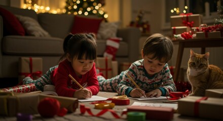 Two children drawing on Christmas eve