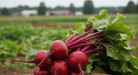 Close-up shot of freshly harvested beets with vibrant red roots and green leaves, set against a blurred field background