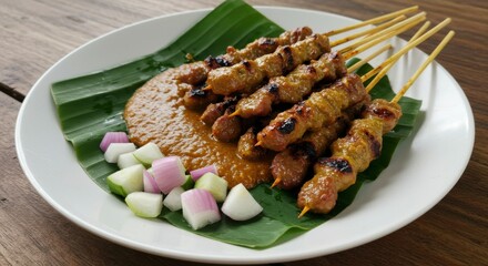 Grilled meat skewers with peanut sauce and vegetables