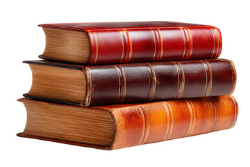Stacked leather-bound books with gold accents and textured covers.