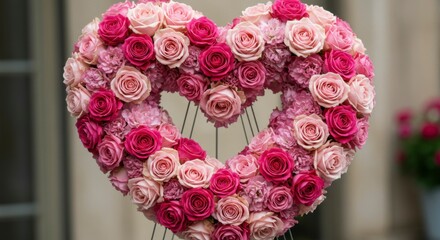Heart-shaped floral arrangement; vibrant pink and light rose blooms on a wire stand