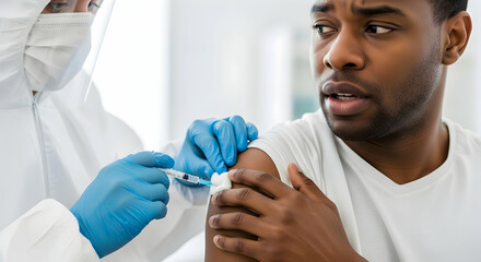 African American Man Receives Vaccine Injection from Medical Professional in PPE