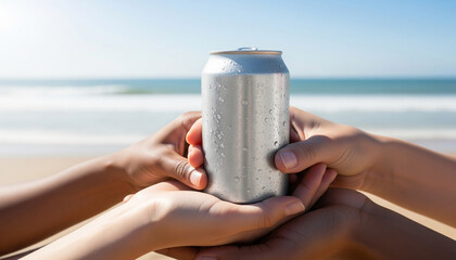 Group Hands Holding Cold Beverage Can on Beach – Summer Drink and Branding Concept