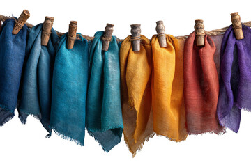 Colorful fabric swatches hanging from clothespins on a string, showcasing various textures and hues.