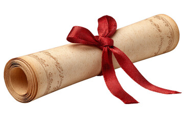 A rolled parchment tied with a red ribbon, featuring decorative writing and a vintage appearance.