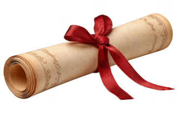 A rolled parchment tied with a red ribbon, featuring decorative writing and a vintage appearance.