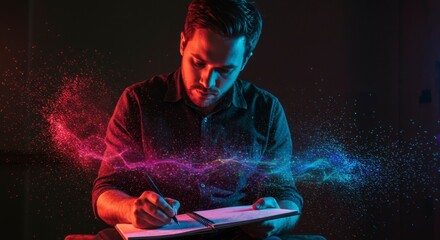 Man intensely writing in notebook, vibrant red and blue light effects surrounding him, suggesting creativity and inspiration