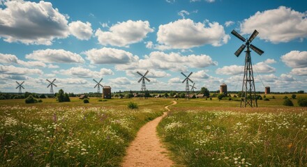 Countryside path winds through windmills
