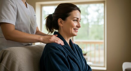 A woman receives a relaxing shoulder massage in a tranquil spa setting, enjoying the peaceful atmosphere