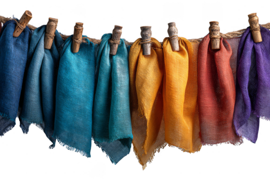 Colorful fabric swatches hanging from clothespins on a string, showcasing various textures and hues.
