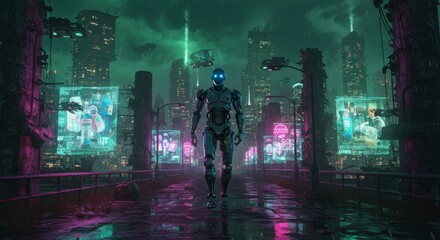 A futuristic robot walks a neon-lit bridge over a vibrant, decaying city at night