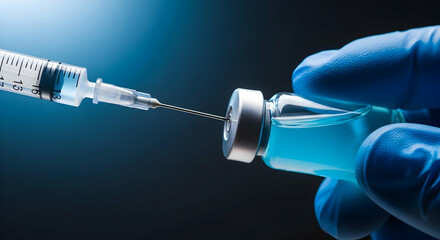 Medical preparation of a vaccine: Syringe extracts blue liquid from a vial, symbolizing global health, immunization, and disease prevention.