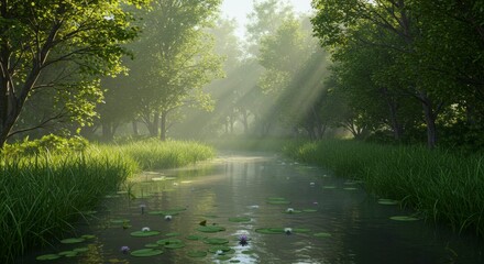 Serene waterway meanders through sun-dappled, misty woodland, water lilies dotting calm surface