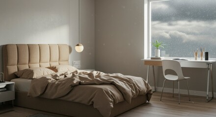 Modern bedroom with rain view