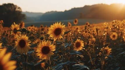 Obraz premium Sunflower field at golden hour