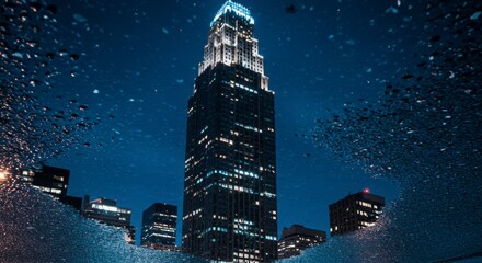 Skyscrapers reflected in puddle at night