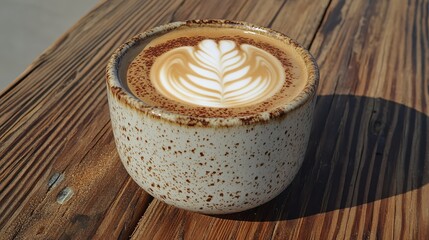 Elegant Latte Art in a Rustic Ceramic Cup on Wooden Table