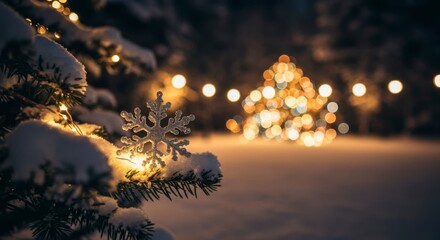 Snowy Christmas tree lights at night