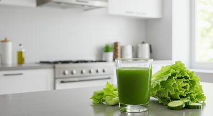 Healthy green smoothie in a modern kitchen