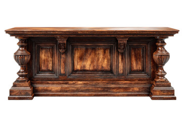 Rustic wooden bar with ornate detailing and a polished finish.