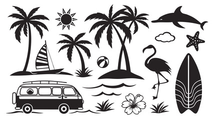 Summer Beach Icon Set – Black Silhouettes of Surf, Palm Trees, Camper Van 
