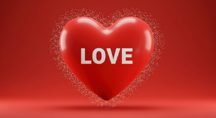 A glossy, vibrant red heart-shaped object, floating, with the word "LOVE" displayed on it.  Sparkles surround it