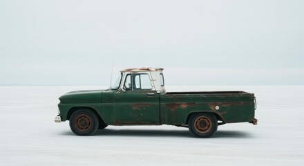 A weathered green vintage pickup truck sits alone on a vast, flat, white expanse