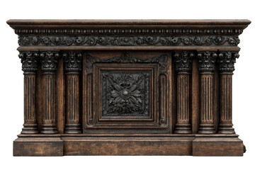 Elaborately carved wooden console with intricate design and column details.
