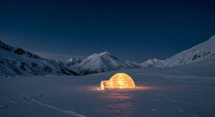 Night view showcases an illuminated igloo nestled in snowy terrain under a star-filled sky, mountains nearby