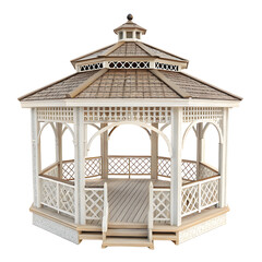 A wooden gazebo with a brown roof is isolated on transparent background