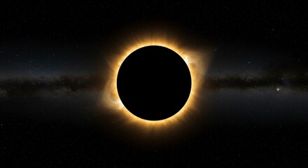 A total solar eclipse, showcasing the sun's corona as a brilliant ring of light surrounding the moon's silhouette against a backdrop of stars and the Milky Way