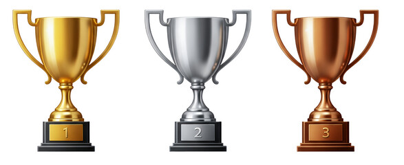 Three realistic golden silver and bronze award trophies with numbers one two and three png isolated on transparent background