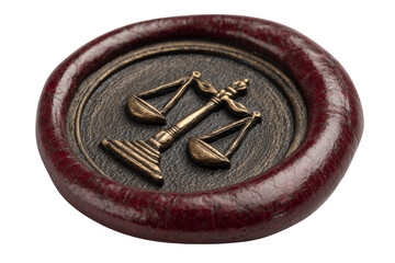 Bronze seal featuring scales of justice set in a textured circular base.