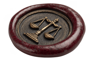 Bronze seal featuring scales of justice set in a textured circular base.
