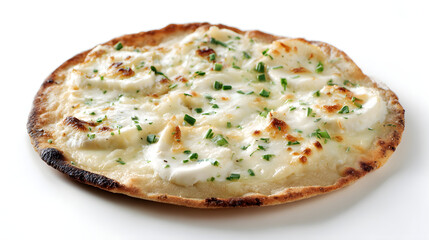 Thin Crust French Style Flatbread Pizza with Cheese and Herbs on a White Background