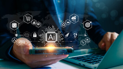 Artificial Intelligence and chatbot concept.Person hand using laptop chat with ai intelligent for learning education, cloud computing, environmental, data protection, search, robot, business.