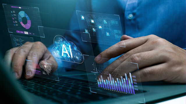 Cloud computing and Ai technology server.Businessman hosting Cloud technology. Data storage. Networking and internet service concept. DMS data management system online, upload and download.