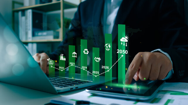 Green business responsibility sustainable environment development for net zero. Co2, Carbon footprint Emission report graph.Carbon emission reduction target, low carbon economy concept.