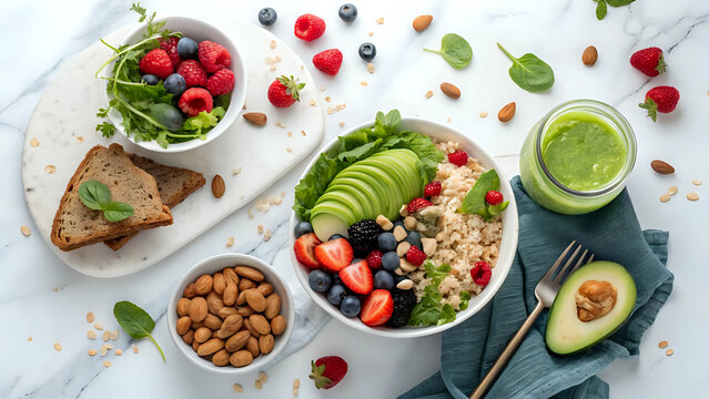 Healthy vegan breakfast or brunch spread with colorful fruit and grain bowl, avocado, berries, almonds, toast, and green smoothie on marble background - healthy food and clean eating concept 