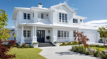A luxurious Hamptons-style summer house, crisp white exterior, navy blue accents, elegant and authoritative