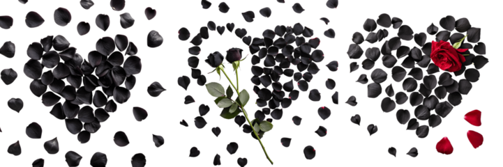 Set For Hearts of black rose petals isolated on transparent background