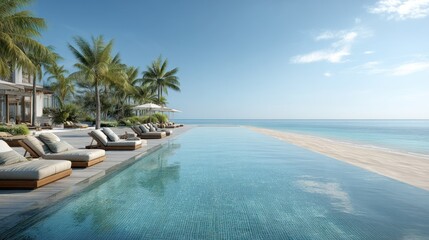 A serene infinity pool overlooking a tropical beach, muted blues and beige tones, luxurious loungers, clear water, soft sunlight, realistic style