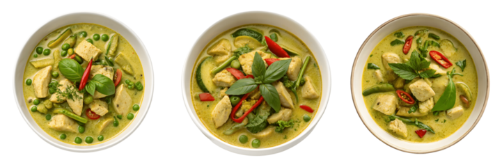 Set For bowls of green curry isolated on transparent background