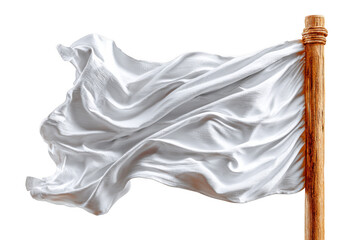 A waving white flag on a wooden pole, symbolizing surrender or peace.