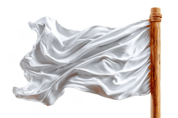 A waving white flag on a wooden pole, symbolizing surrender or peace.