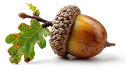 Acorn with tiny oak leaf on white