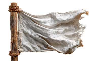 A weathered white flag fluttering on a wooden pole, symbolizing surrender or truce.